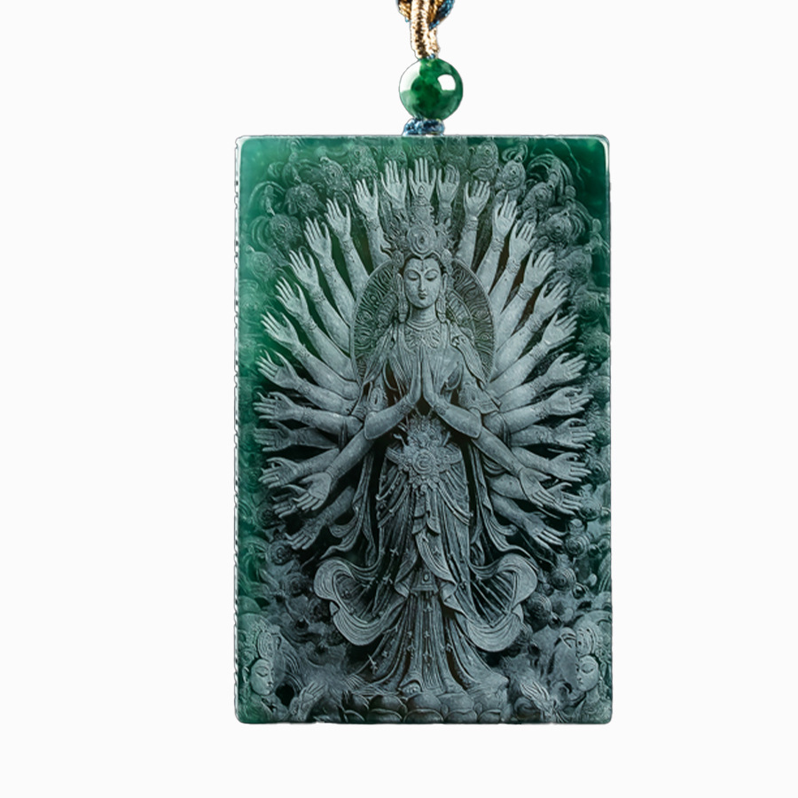 Natural A Jade Thousand Hands Guanyin Brand Blue Water Material Double-sided Seiko Shadow Carving High Ice Jade Pendant Pendant Yu Pei