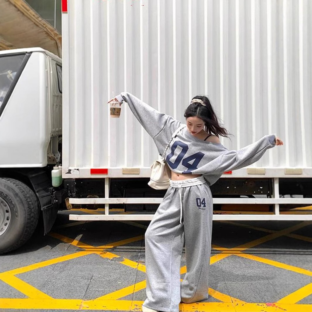 2024 American Retro Letter Printed Wide Leg Pants Women's Early Autumn New Loose Casual Vertical Slim-fit Mop Pants