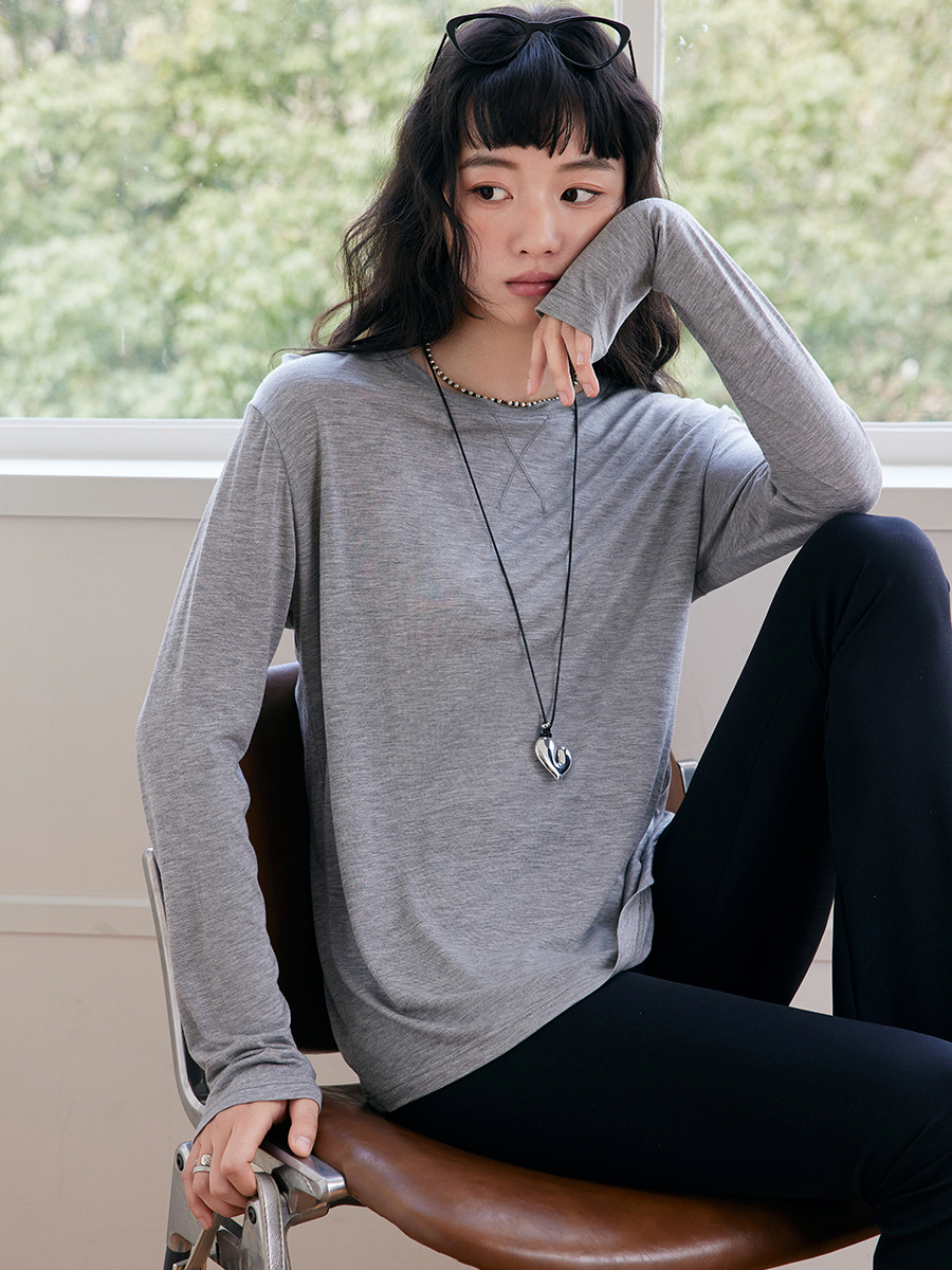 Tencel Acetate Lyocell Bottoming Shirt for Women 2025 Spring and Summer Round Neck Blouse Loose Sheep Wool Long-Sleeved Top