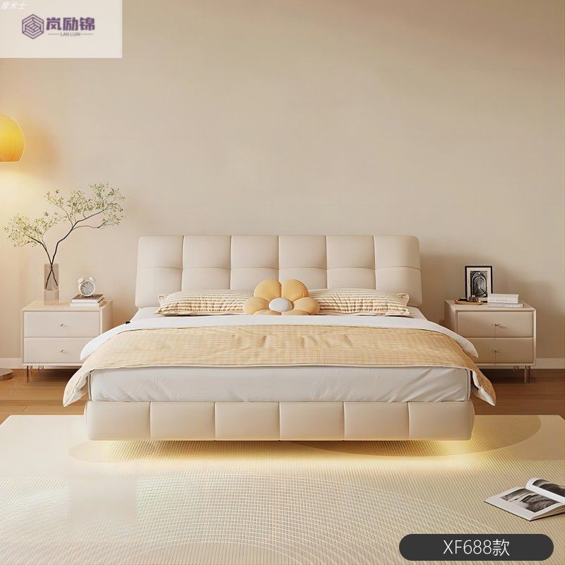 Cream Style Bedroom Furniture Set Suspended Bed 1.5m Leather Bed 1.5m Double Master Bedroom Bed Home Storage Bed