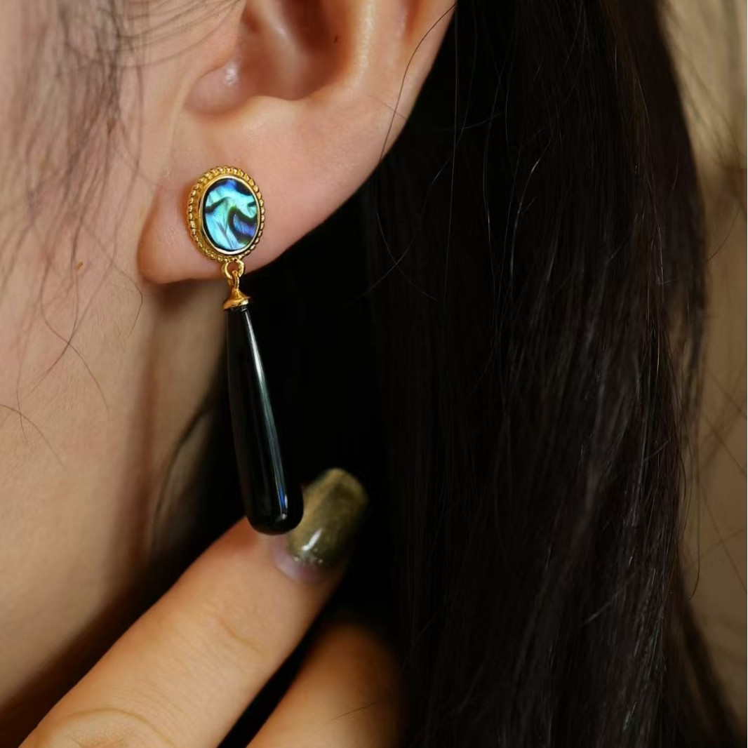 Retro Round Natural Abalone Shell Black Agate Water Drop Earrings Earrings Wholesale High-End Women's Jewelry Silver Jewelry
