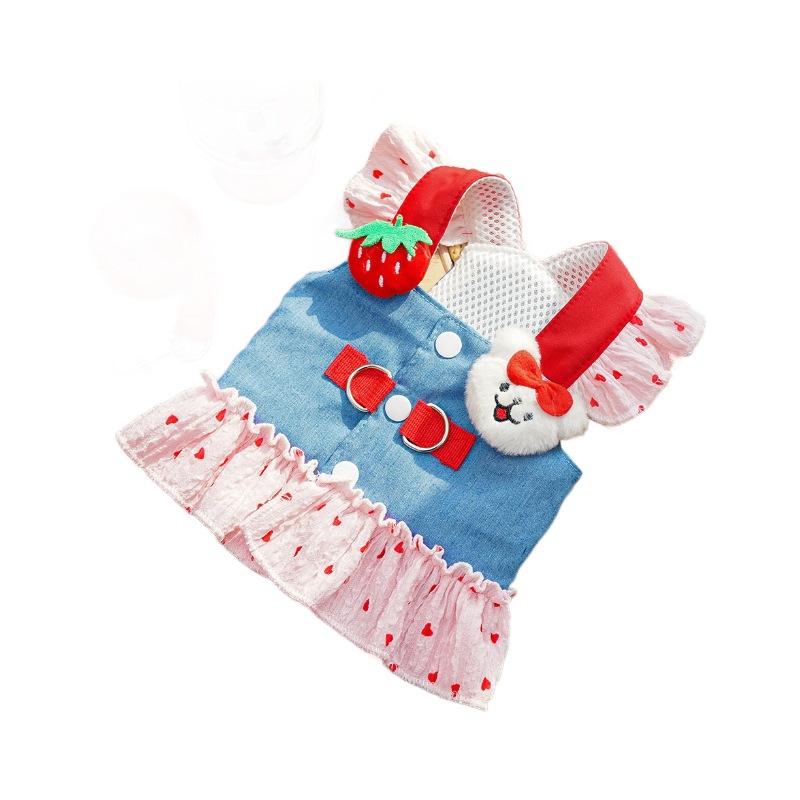 Pet Dog Harness, Cat, Small and Medium-Sized Dog Clothes, Traction Teddy Bichon Pomeranian Denim Doll Dress