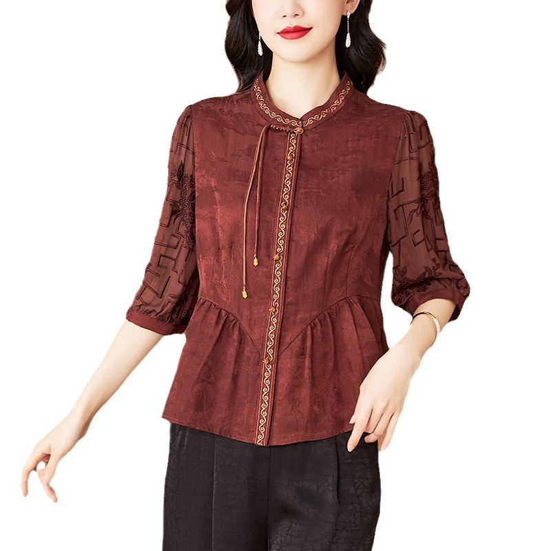 High-end big-name fragrant cloud yarn top women's 2024 spring and summer new vintage embroidered silk-like shirt for women