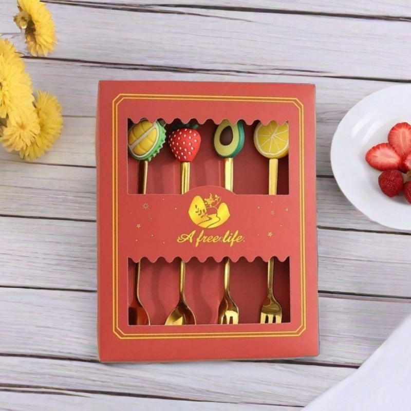 Creative stainless steel coffee dessert spoon Fork gift suit Christmas doll fruit head stainless steel dessert spoon Fork