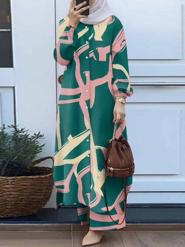 2024 Muslim Women's Fashion Floral Print Two-Piece Spring and Autumn Clothing Retro Long Shirt Wide Leg Pants suit