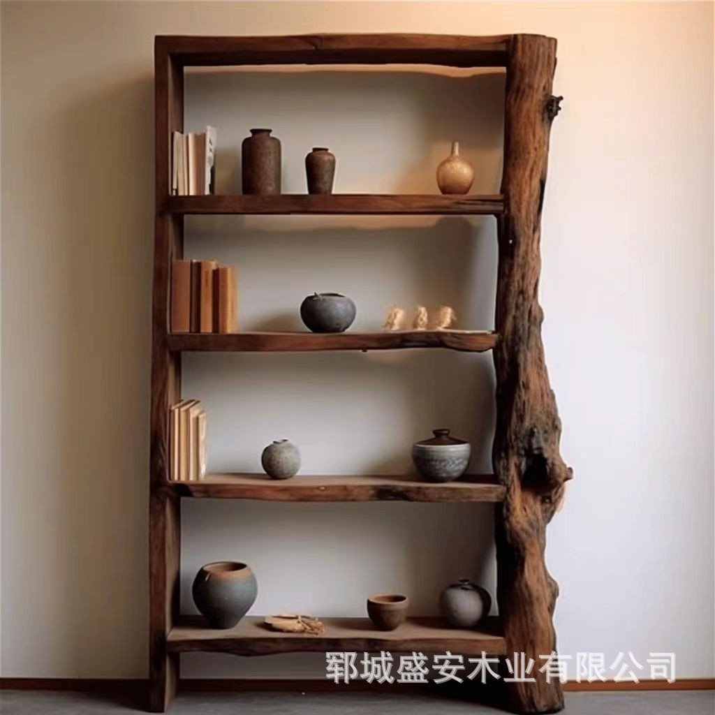 Old Elm Style Bookshelf Storage Rack Floor Multi-layer Antique Rack Storage Display Cabinet Furniture Solid Wood