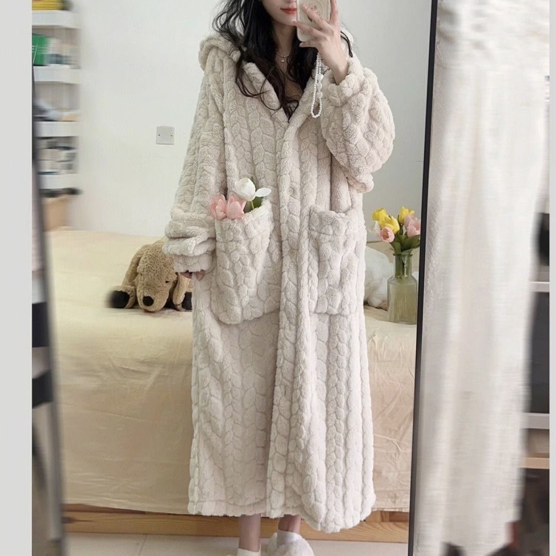 Cute Little Hamster Pajamas Women's Autumn and Winter Coral Fleece Thickened Long Flannel Student Hooded Winter Nightgown Women