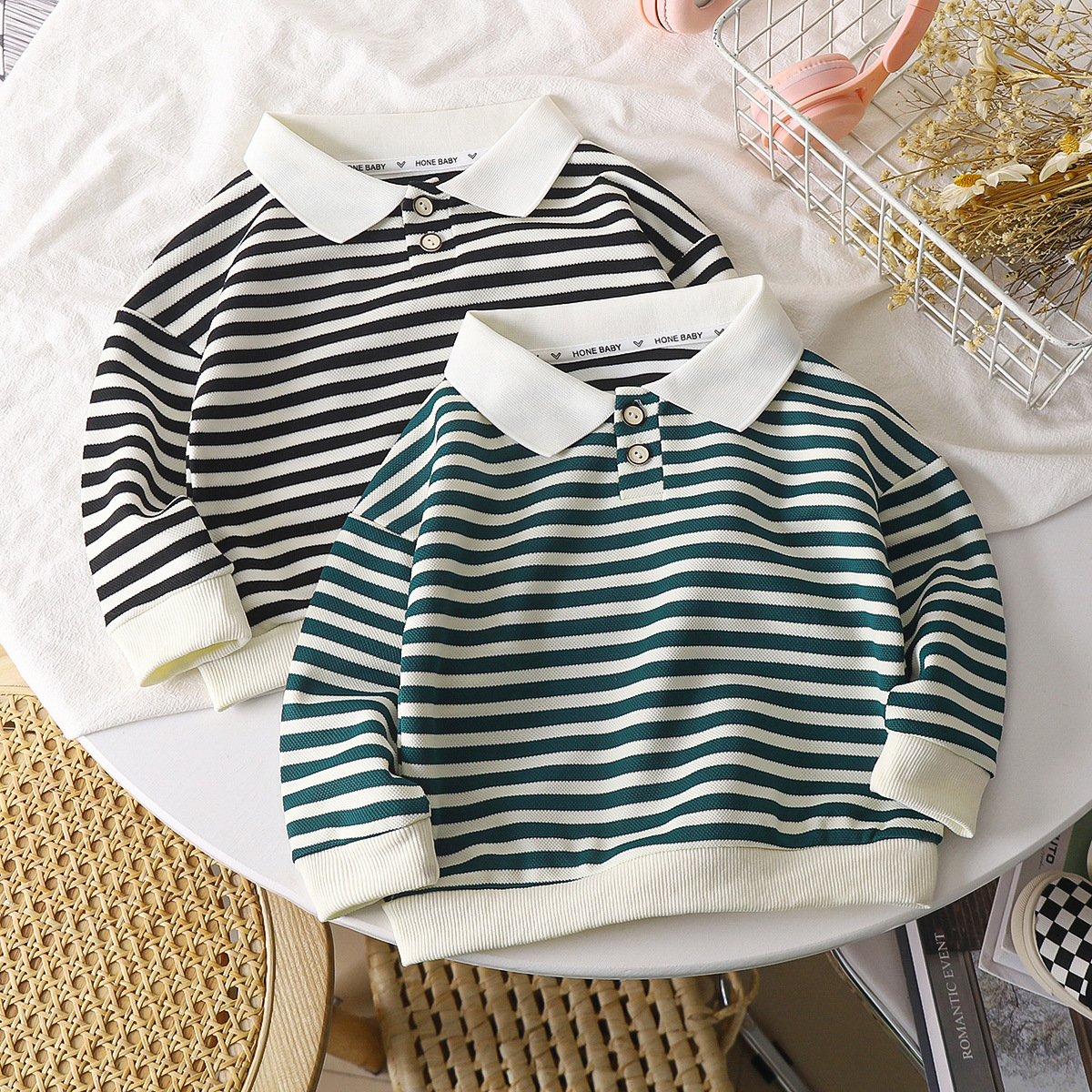 Children's long-sleeved striped polo shirt autumn and winter boys and girls western style shirt children's lapel bottoming shirt baby T-shirt