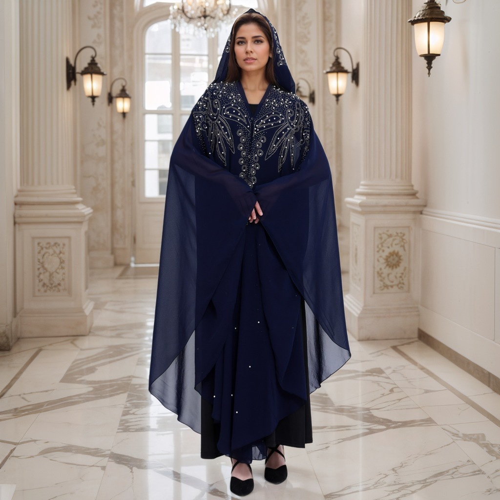 Middle Eastern and African Hot-Selling Rhinestone Beaded Robe Dubai Hooded Shawl Cloak Worship Dress Beaded Abaya Robe