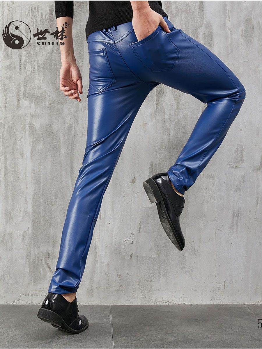 New Leather Pants Men's Brown Pu Casual Small Feet Motorcycle K-Style Handsome European and American Large Size Wholesale Cross-Border Motorcycle Autumn and Winter