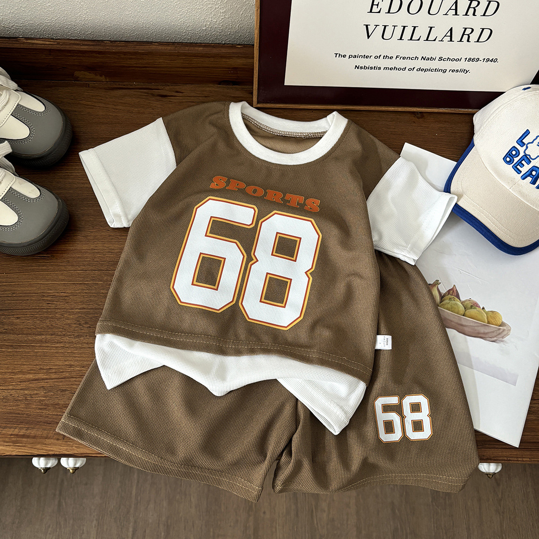 Summer Children's Short-sleeved Shorts suit Boys Casual Sports suit Boys Loose Jersey Fake Two-piece Set