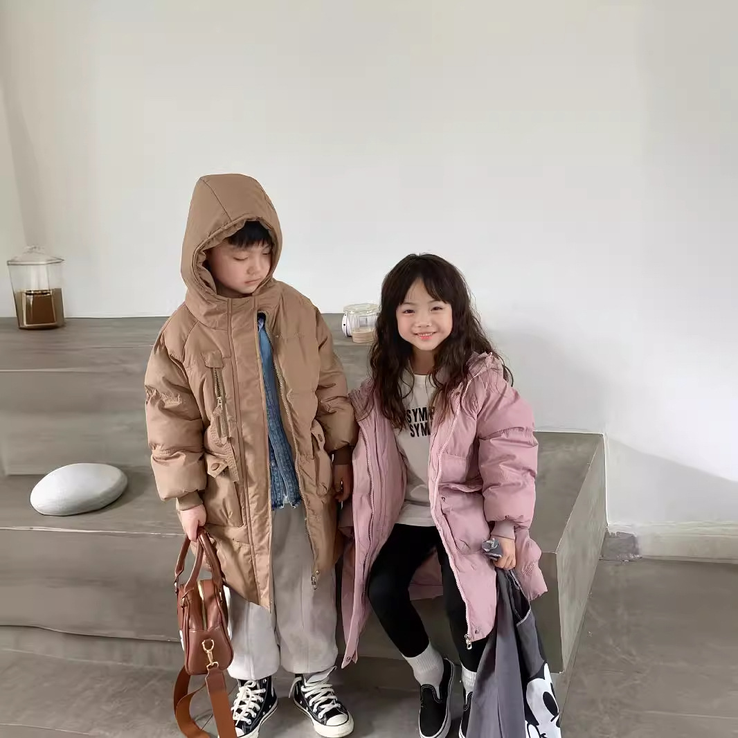 Children's Mid-Length down Jacket New Style Korean Style Hooded Winter down Jacket for Boys and Girls, Middle and Large Kidsren