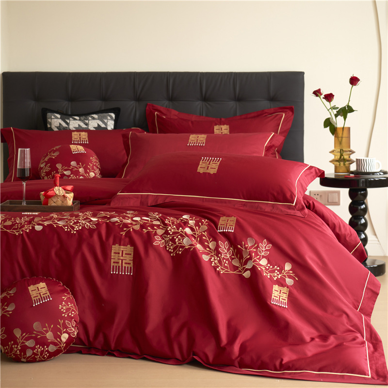 Новый китайский свадебный комплект из четырех предметов, 100% длинноволокнистый хлопок, покрывало и простыни с вышивкой