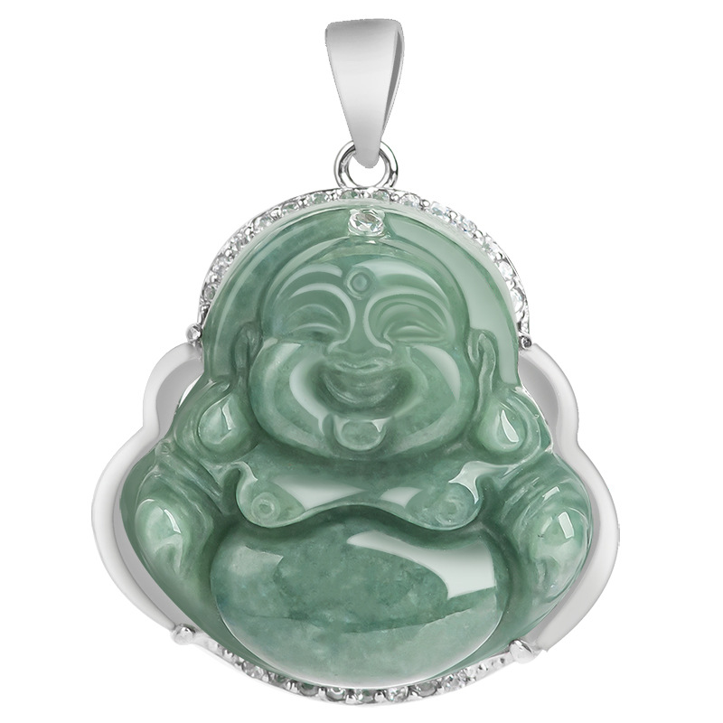 Natural Jadeite a bean seed Buddha laughing Buddha pendant S925 silver inlaid jade female pendant jade wholesale