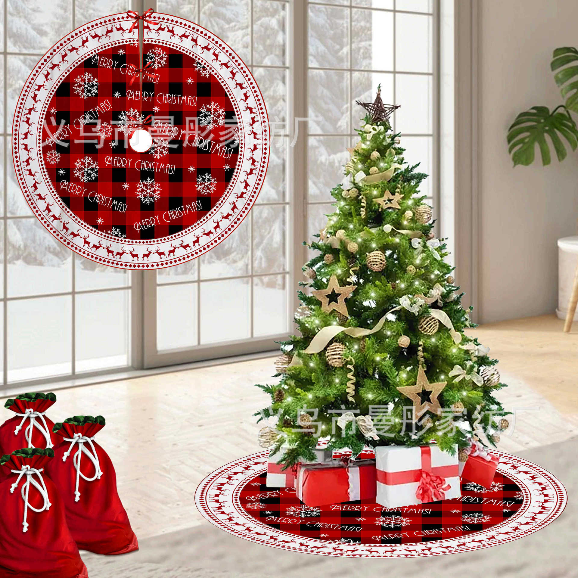 2024 New Snowflake Snowman Christmas Tree Cluster Christmas Decoration Base Mat Digital Printed Tree Skirt Decoration