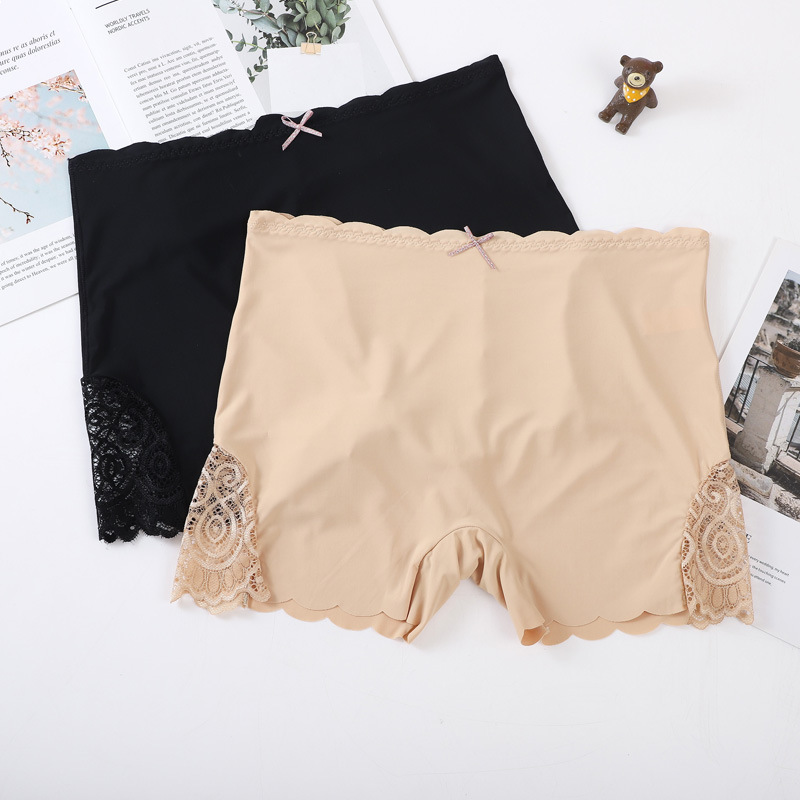 Sexy Lace-Trimmed Women's Ice Silk Solid Color Smooth Boxer Shorts Seamless Stretch Large Size Women's Anti-glare Safety Pants