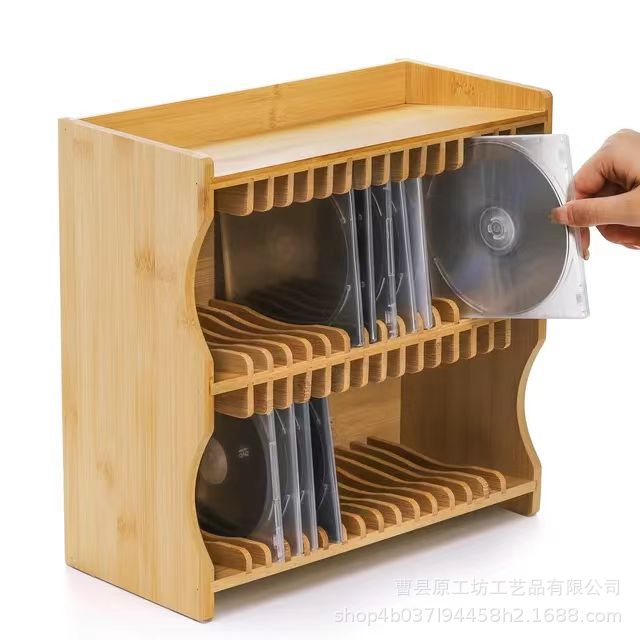 Bamboo Double-Layer Record Box Large-Capacity Cd Album Organizer Desktop Wooden Cd Vinyl Record Display Shelf