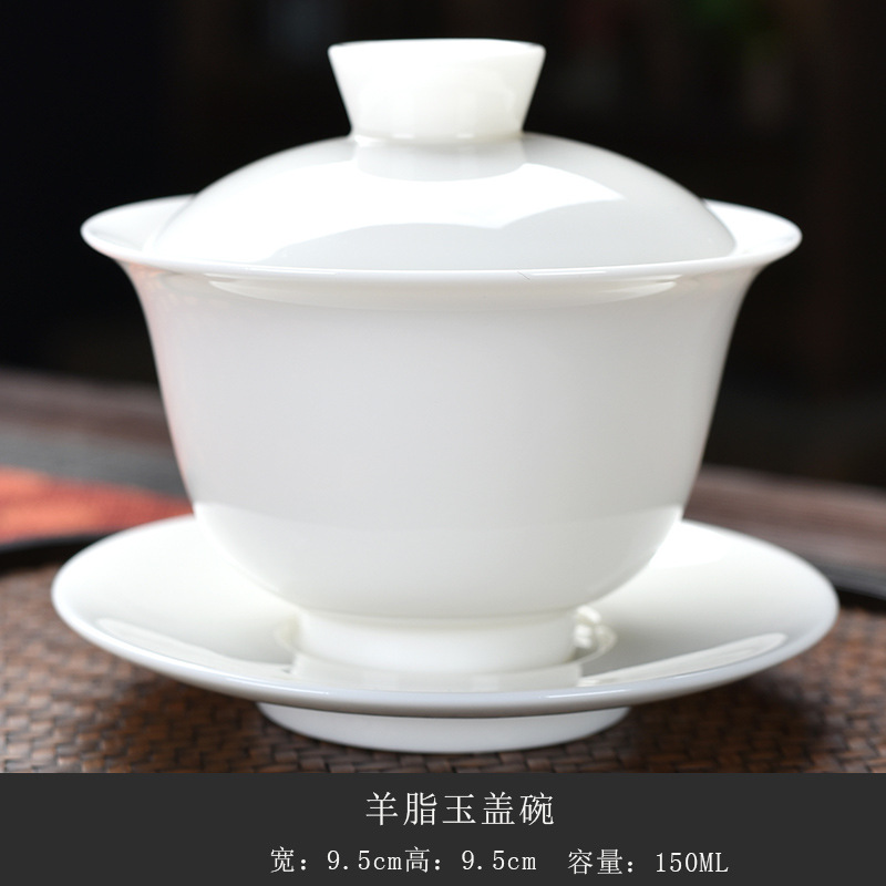 Sheep fat jade cover bowl white porcelain three-talent tea bowl tracing gold pure white tea bowl large kung fu ceramic tea set wholesale gift