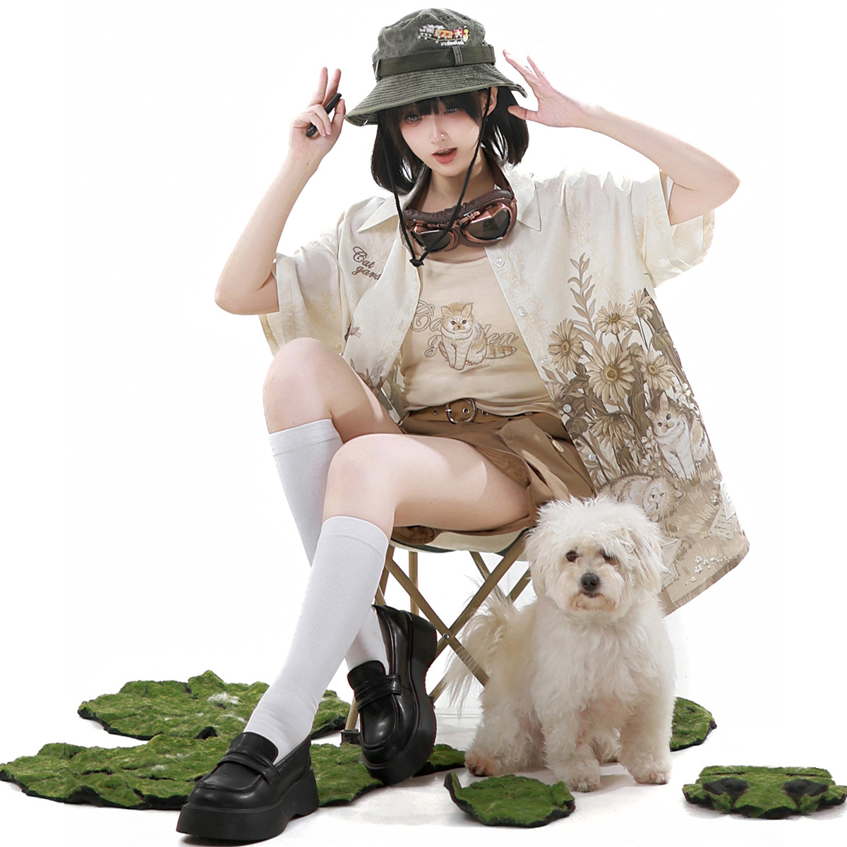 Yimengge оригинальный дизайн садовая кошка китайский стиль новый китайский стиль женская рубашка комбинезон шорты комплект 9604