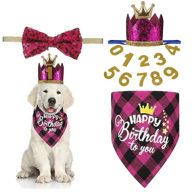 Pet Birthday Saliva Scarf Dog Scarf Triangle Scarf Bow Tie Crown Hat Birthday Banner Balloon Party Props