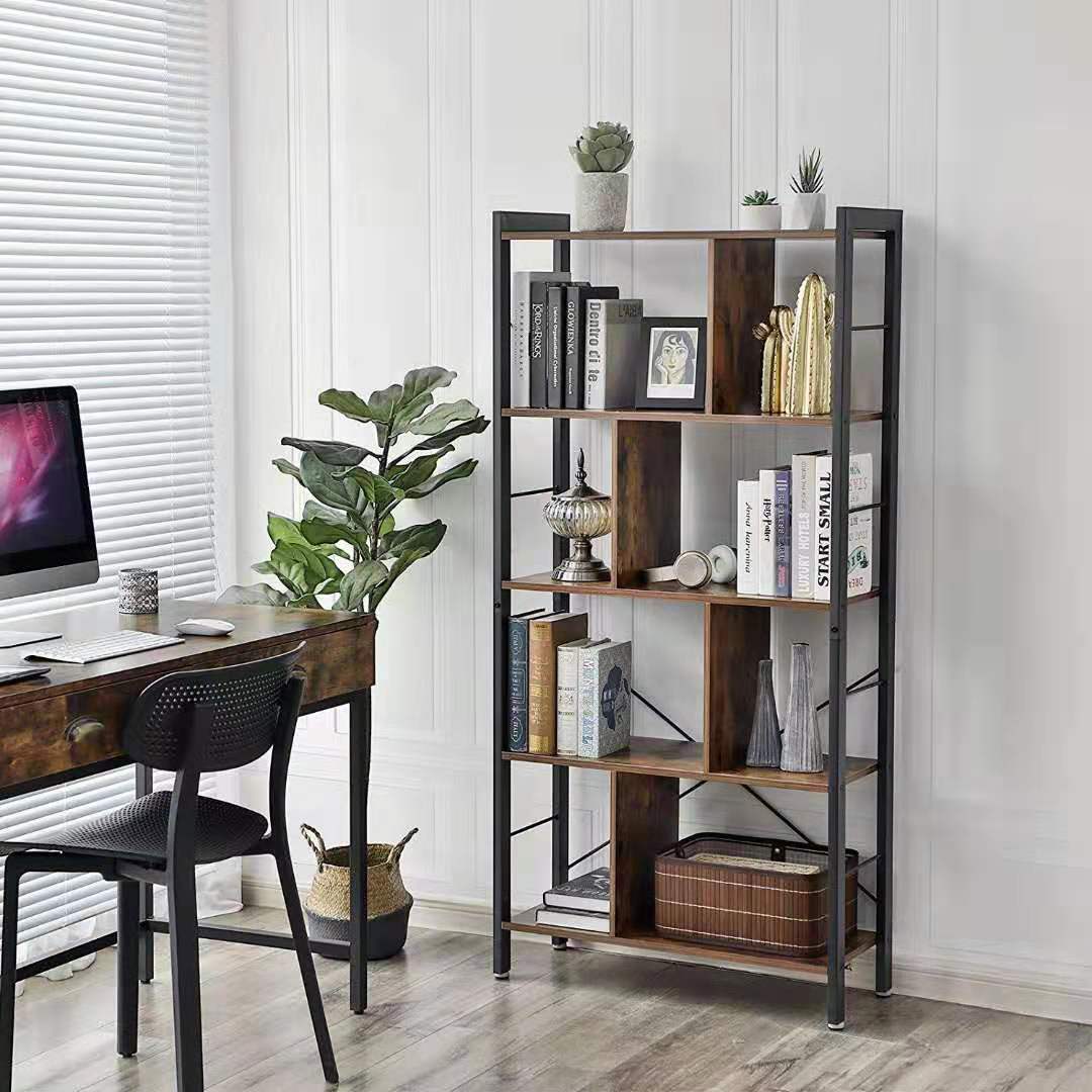 Cross-Border Customized Retro 4-Layer Creative Bookshelf Steel-Wood Storage Rack Multi-Functional Storage Rack Flower Rack Bookcase Floor-Standing