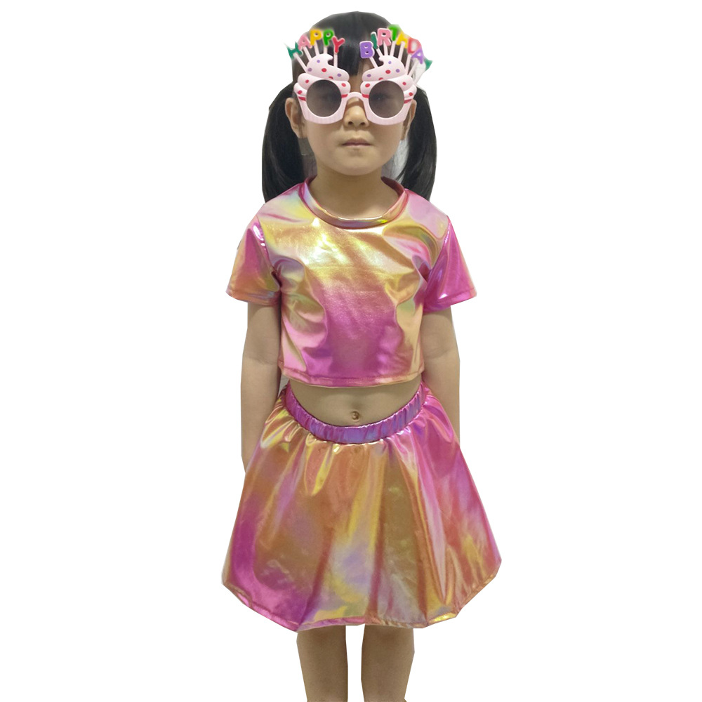 Campus Class Clothing Performance Clothing Choir Children's Adult Performance Clothing Colorful Laser Short-sleeved Navel Top Round Neck