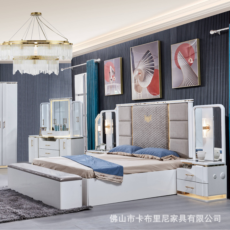 Simple Panel Double Bed Wardrobe Dresser Combination Set Modern Luxury Bedroom Set Whole House Furniture Light Luxury
