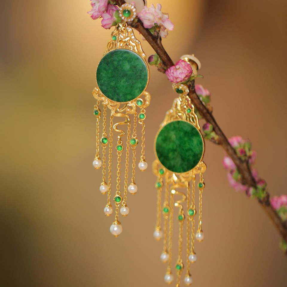 Original Long New Chinese Style Tassel Earrings Natural Color Chalcedony Full Green Round Brand White Pearl National Style Elegant Earrings for Women
