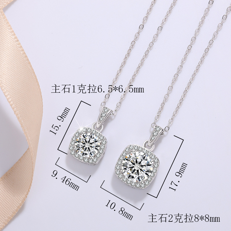 Cross-border Hot S925 Silver Mosan Diamond 1 karat Square Bag Women's Necklace Pendant Clavicle Chain Shake Tone Live Same