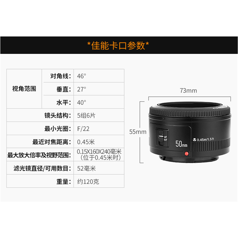 Yongnuo Yn50Mmf1.8 Is Suitable for Canon Ef Port Small Spittoon Portrait Fixed Focus Lens Autofocus Lens