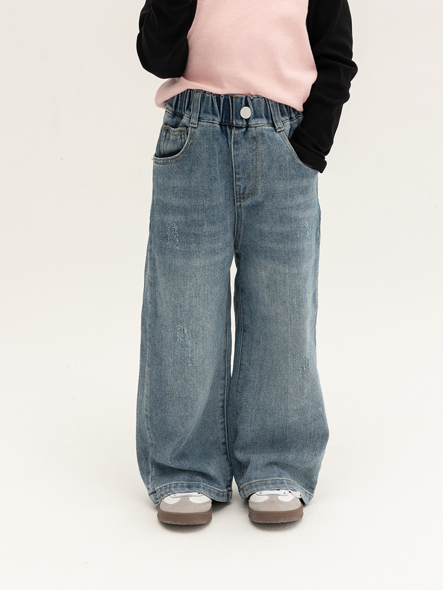 2025 Spring New Children's Jeans Boys and Girls Korean Style Wide Leg Pants Easiest for Match Brushed Straight-Leg Pants Casual Dad Pants