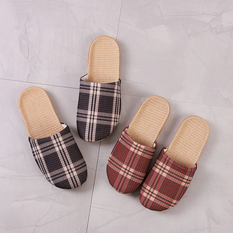 New Summer Men's and Women's Linen Plaid Korean Style Chiffon Soft Bottom Washable Household Indoor Sandals and Slippers for Outer Wear