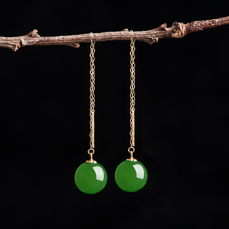 Natural Hetian Jade Jasper Round Bead Earrings for Women 18K Gold Inlaid Spinach Green Jade Round Bead Earrings with Certificate