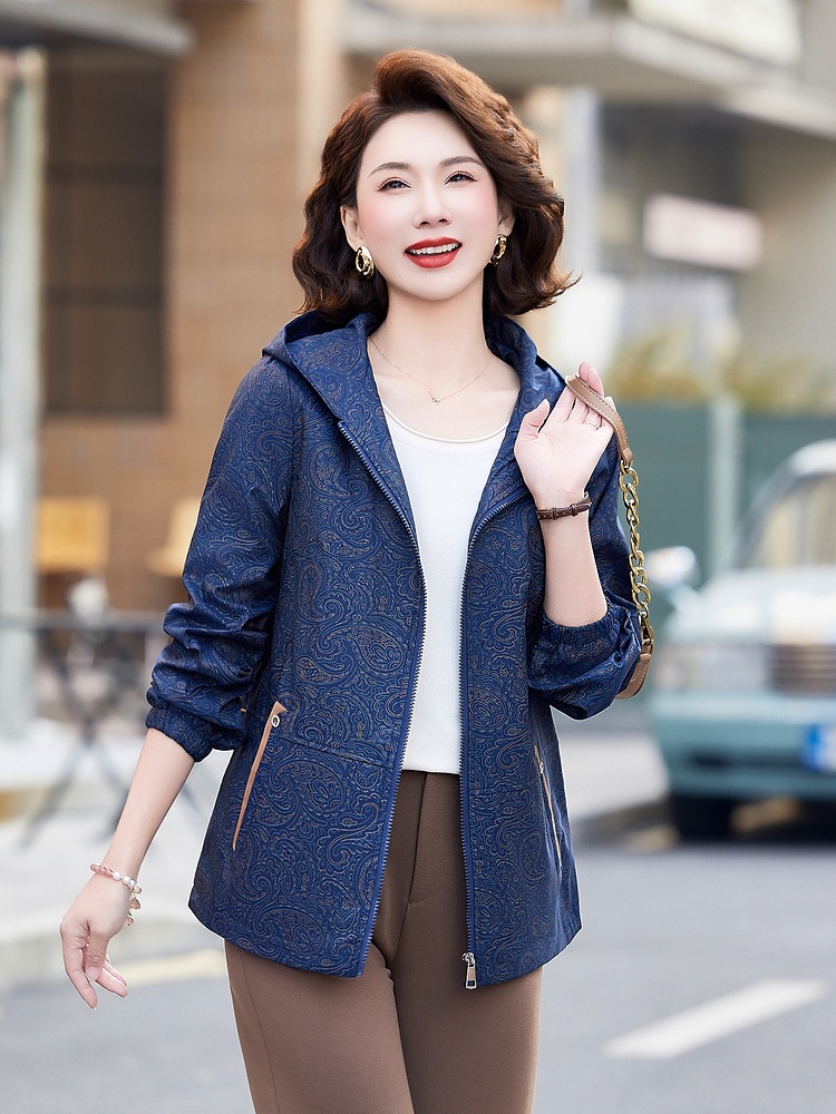 Mom Spring Mid-length Casual Coat Coat Loose plus size Jacket Top Middle-aged and Elderly Guofeng Hooded Cardigan