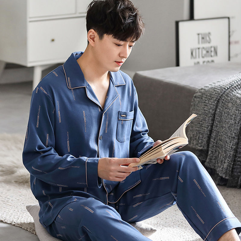 Men's Pajamas, Men's Spring and Autum New Autum Pure Cotton Long-Sleeved Home Clothes, Men's Autum and Winter Thin Suits
