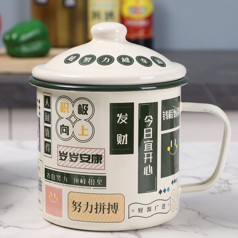 Upgraded extra-thick enamel lid cup flanging enamel cup rich and rich drinking cup bubble cup large jar mug