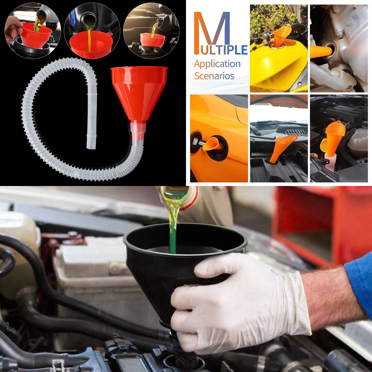 Multi-Caliber Refueling Funnel with Filter Telescopic Tube for Automobiles and Motorcycles Plus Oil and Gasoline Plastic Long Mouth Funnel