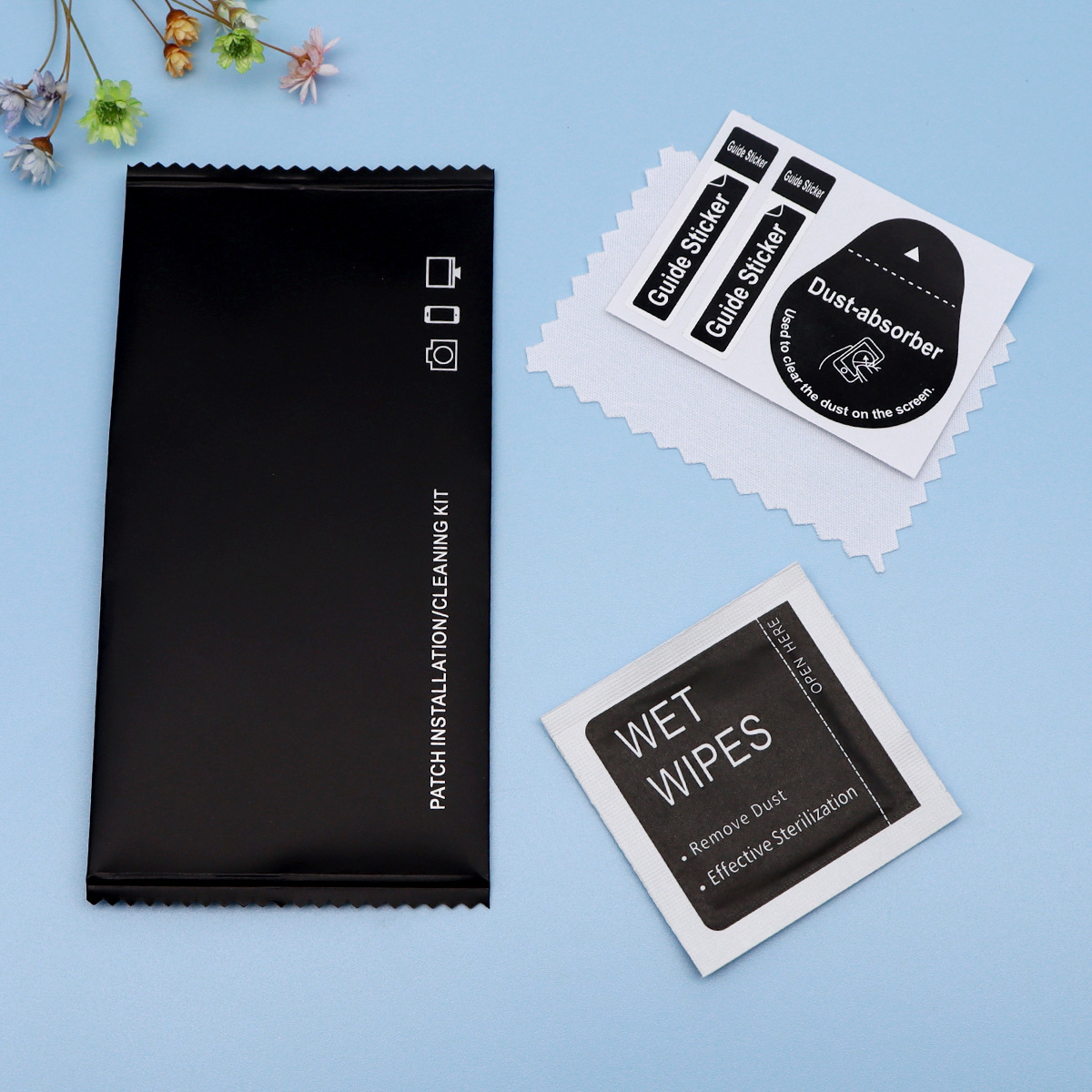 Three-side seal mobile phone auxiliary film suit wiping cloth flat tempered glass film screen cleaning wipes auxiliary kit