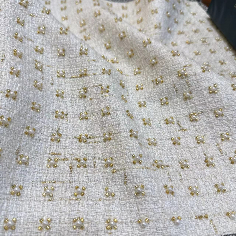 New Style Tweed Fabric with Gold Thread Embroidery for Jackets and Dresses in Autumn and Winter