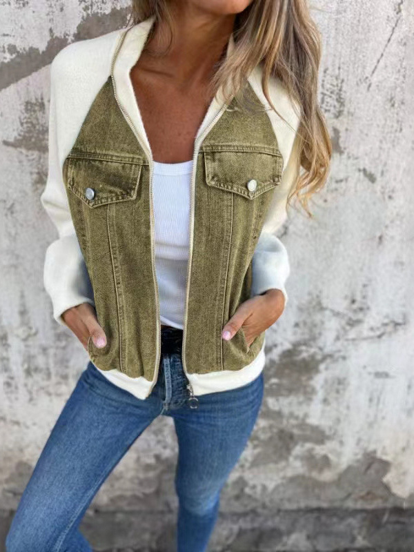 Cross-border Europe and the United States 2024 autumn and winter new Denim stitching jacket Amazon casual fashion rub shoulder sleeve coat women's clothing