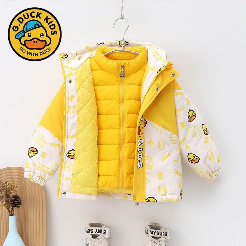 Yellow Duck Children's Three-in-One Jacket Autumn and Winter Cotton Down Jacket Boys and Girls Waterproof Children's Clothing Two-piece Set