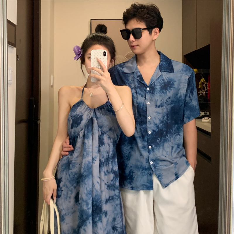 2025 Couple's Summer Design Blue Tie-dye Sling dress Holiday Style Shirt Short-sleeved
