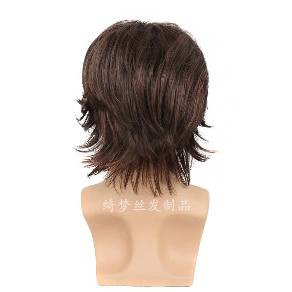 Wig Processing Export European and American Fashion Men's Short Hair, Brown Wig, Fluffy Partial Long Bangs Straight Hair
