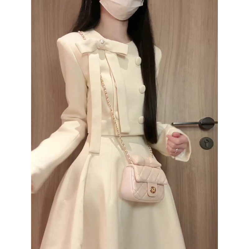 French Style Chanel Style Long-sleeved Coat suit Women's Autumn Design Bow Short Top High Waist Skirt