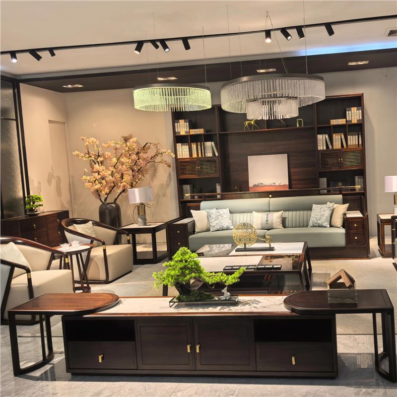 Полный комплект нового китайского стиля виллы, клубный дом, роскошная, высококачественная большая спальня, массивный деревянный диван, черное дерево, современный простой