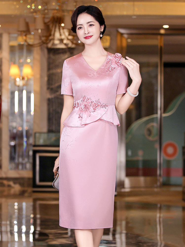 Petite Mother Wedding Banquet Tummy-Covering Dress Summer High-End Acetate Jacquard Mother-In-Law Banquet Toast Dress