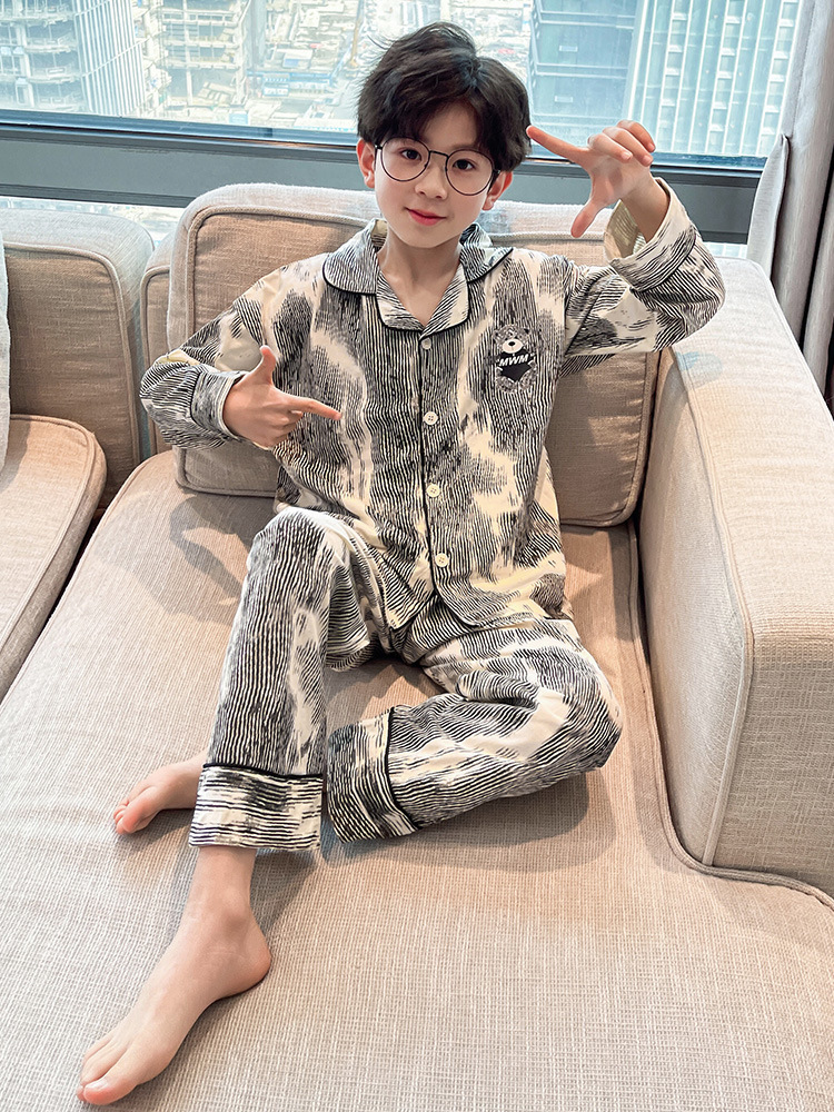 Boys' Pure Cotton Pajamas Spring and Autumn Long-sleeved 2025 New Handsome Children's Home Clothes Boys' Spring Big Boy's Spring Clothes