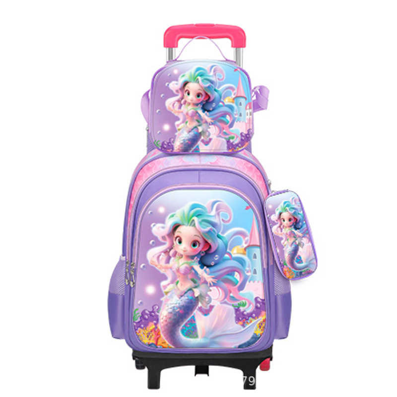 Factory in stock primary school students universal wheel pull rod school bag lunch bag pen bag three piece children cute cartoon bag