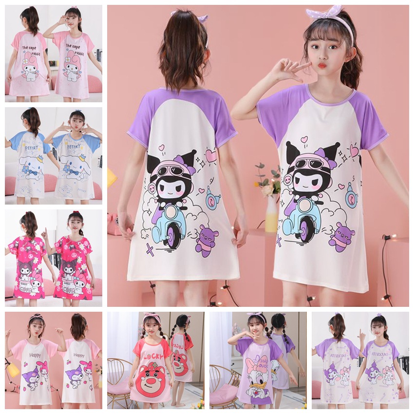 Детская ночная рубашка на лето, короткий рукав, мультяшные пижамы для девочек