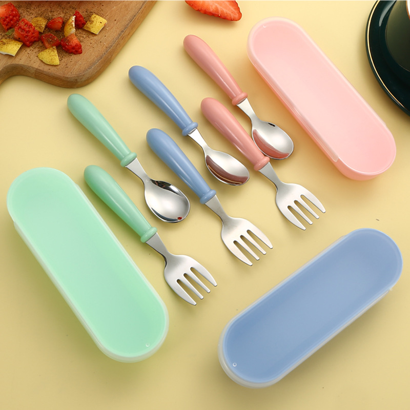Nordic Cartoon 304 Stainless Steel Children's Spoon Fork Box Three-piece Set Baby Tableware Mother and Child Gift Round Handle Spoon Fork